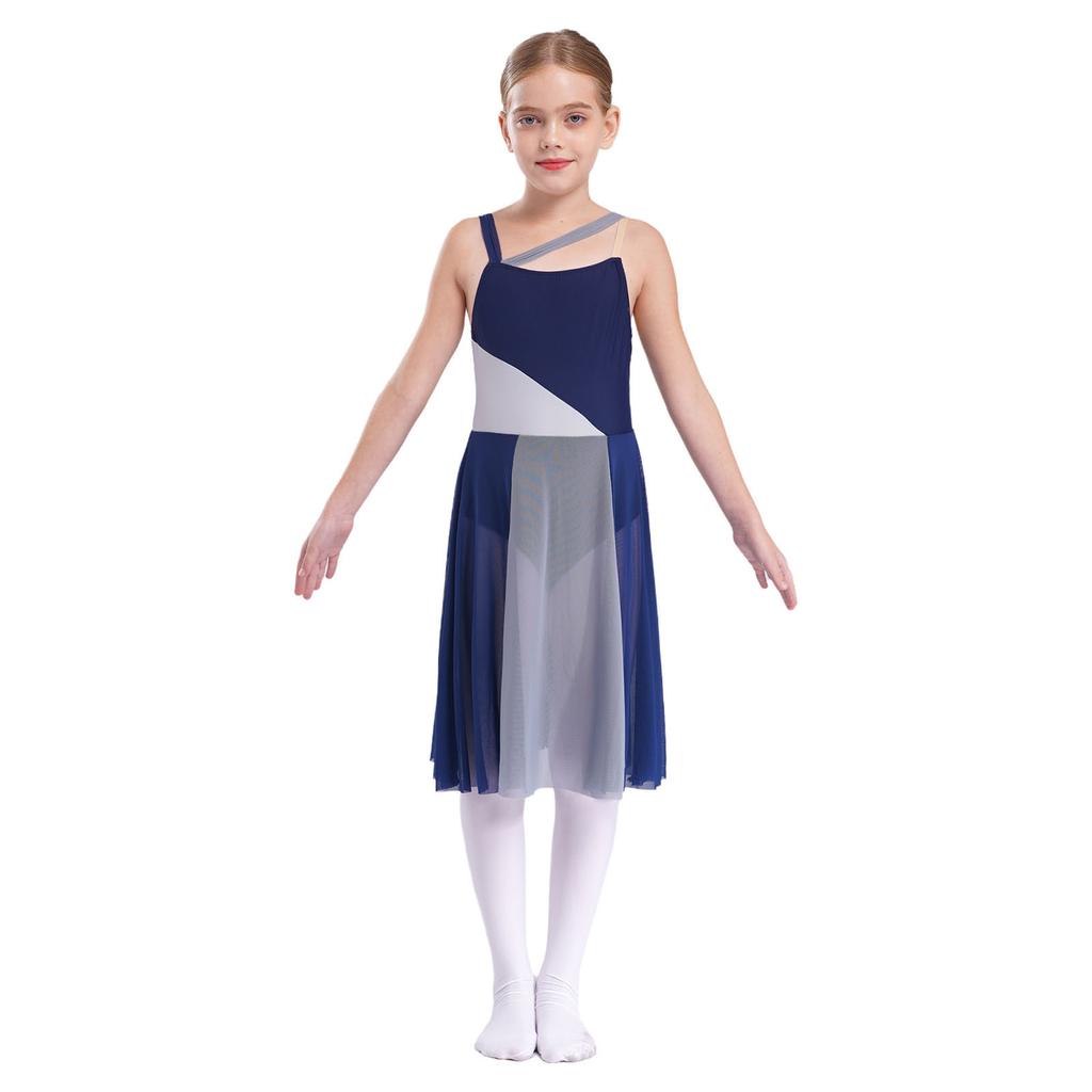 Kids Girls Mesh Overlay Ballet Contemporary Dance Dress Lyrical Leotard Costume Sleeveless Dresses