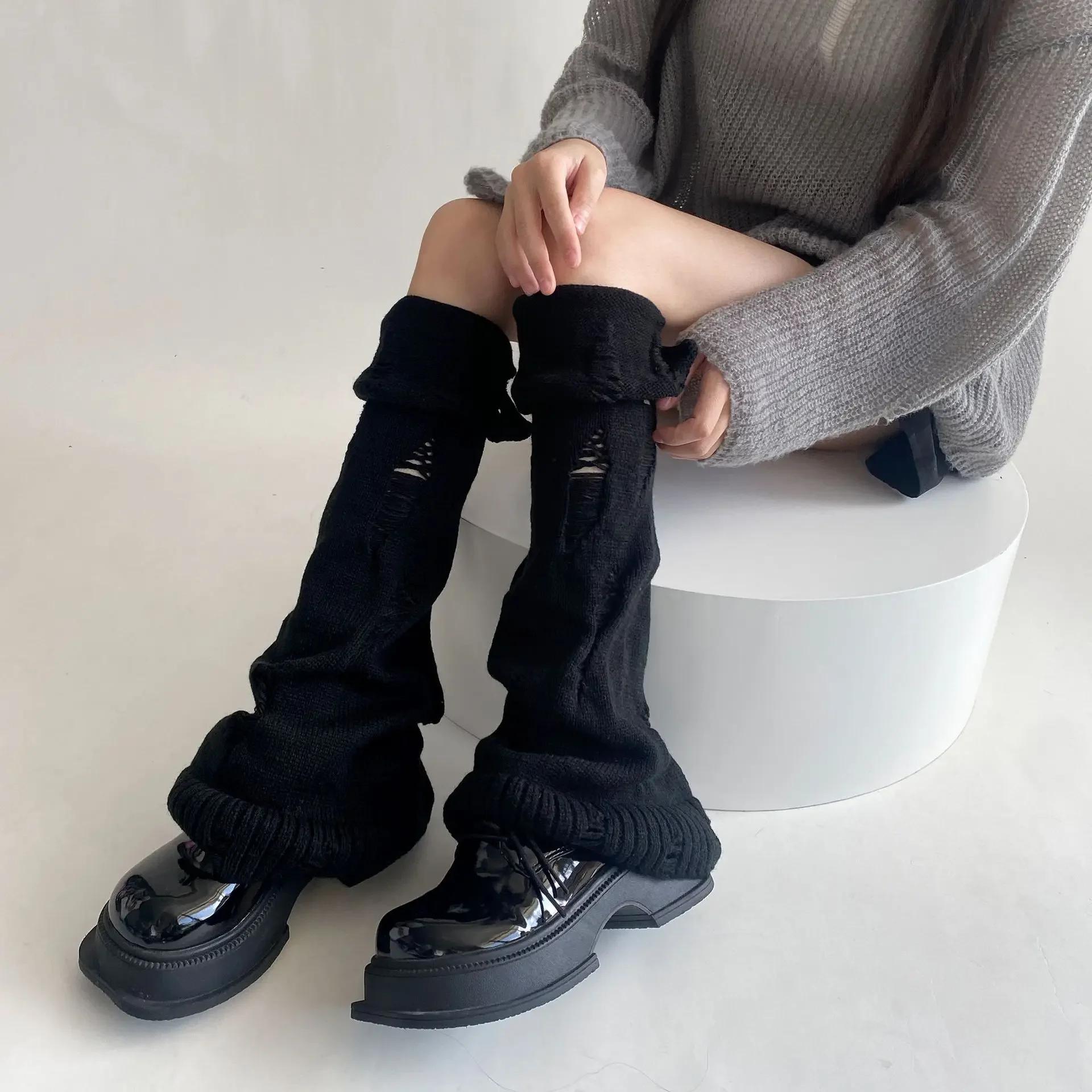 Graue Damen Beinwärmer Y2K Gestrickt Locker Lange Socken Strümpfe Warme Fußabdeckung Mädchen Kniestrümpfe Beinwärmer Japanischer Herbst Winter One Size black