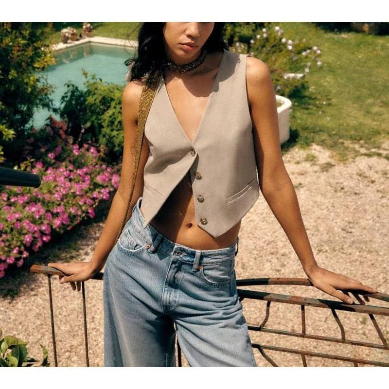Blended High Waist Casual Shorts Waistcoat Vest Linen