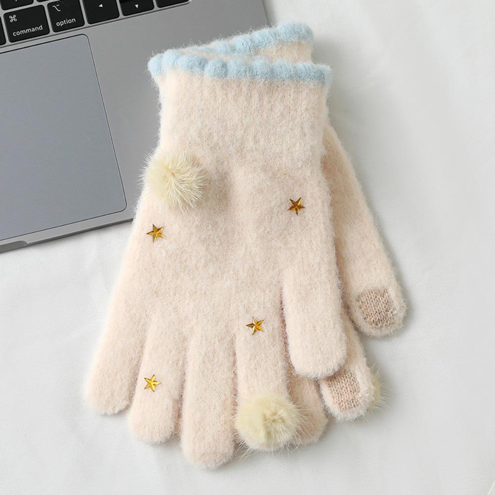 

Теплые вязаные перчатки с сенсорным экраном в корейском стиле для девочек, зимние перчатки, варежки с полными пальцами, для катания на лыжах бежевый