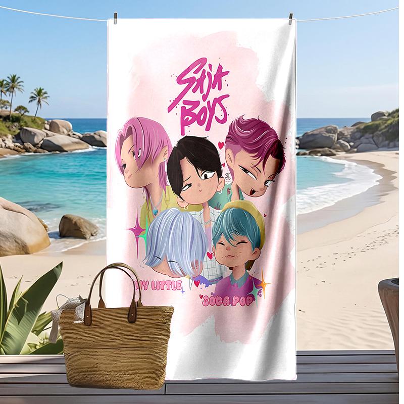 Kpop Lovci Démonů Potiskovaný Plážový Ručník, Velký Absorpční Rychleschnoucí Ručník pro Letní Venkovní Plavání