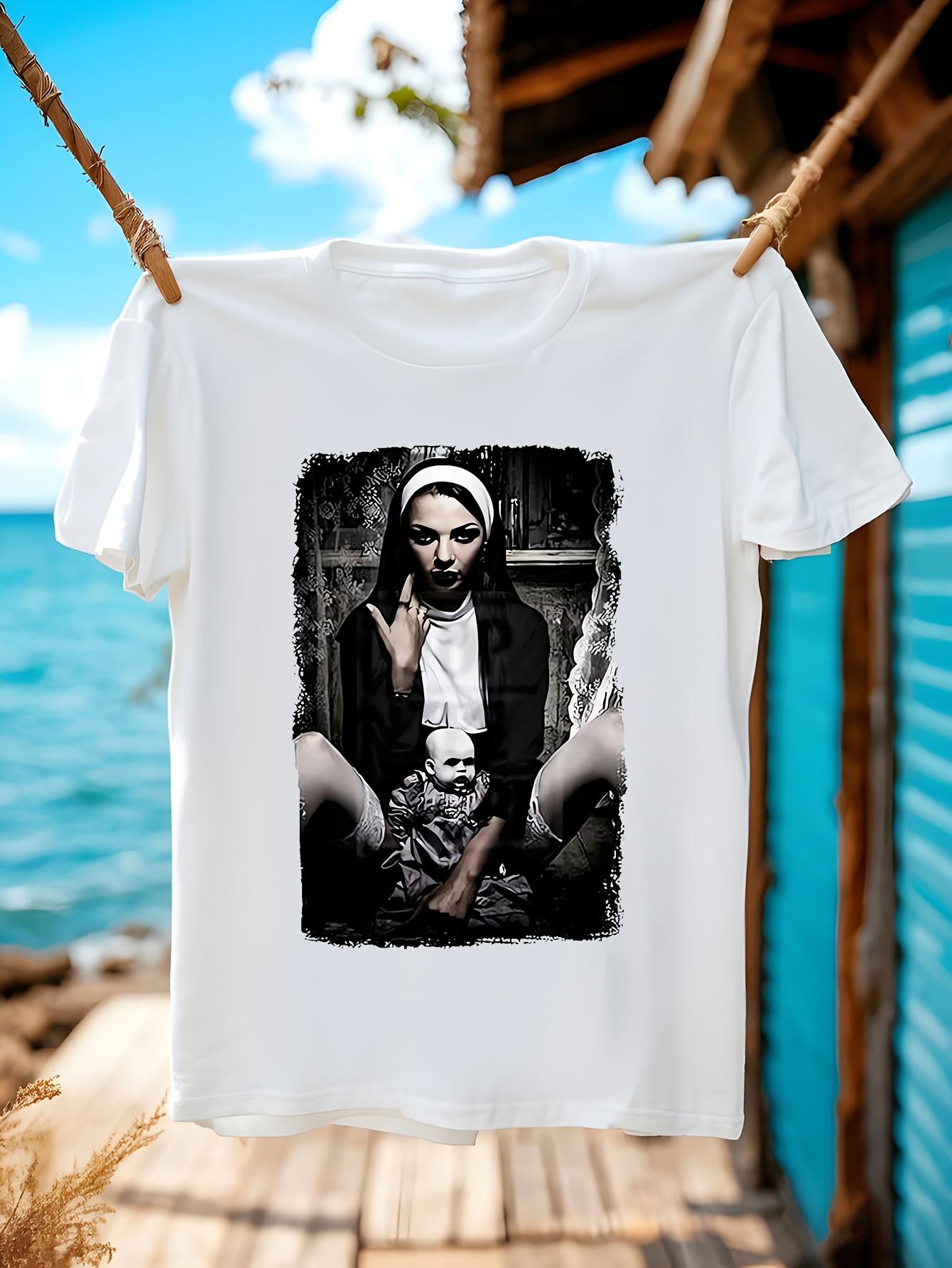 Vintage Hip Hop - White Tee with Black Nun & Whiskey Print T-shirt XXXL