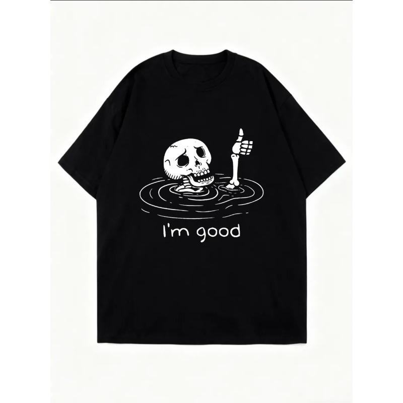 Übergroßes Damen-Kurzarm-T-Shirt mit Totenkopf im Wasser, Daumen hoch Knochenhand-Aufdruck und Text "I'm good"