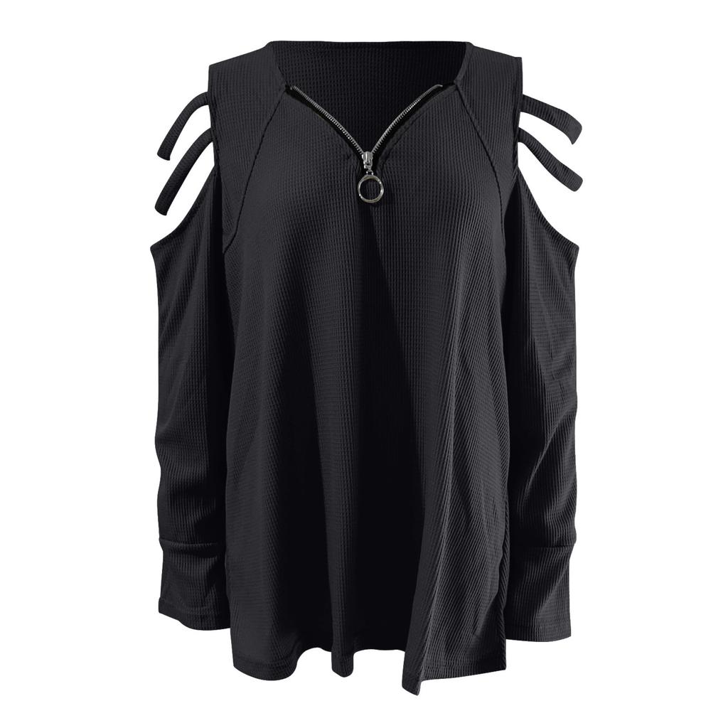 Women Sexy V-neck Collar Zipper Color Long Sleeve Fold Casual Blouse Tops