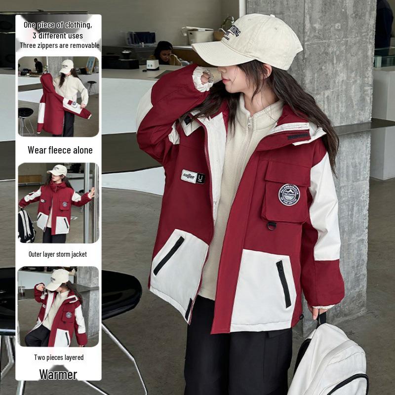 Girls' 2025 Three-in-One Windbreaker: Waterproof, Windproof, and Thickened for Autumn and Winter. Loose-fitting, Trendy Outdoor Coat.