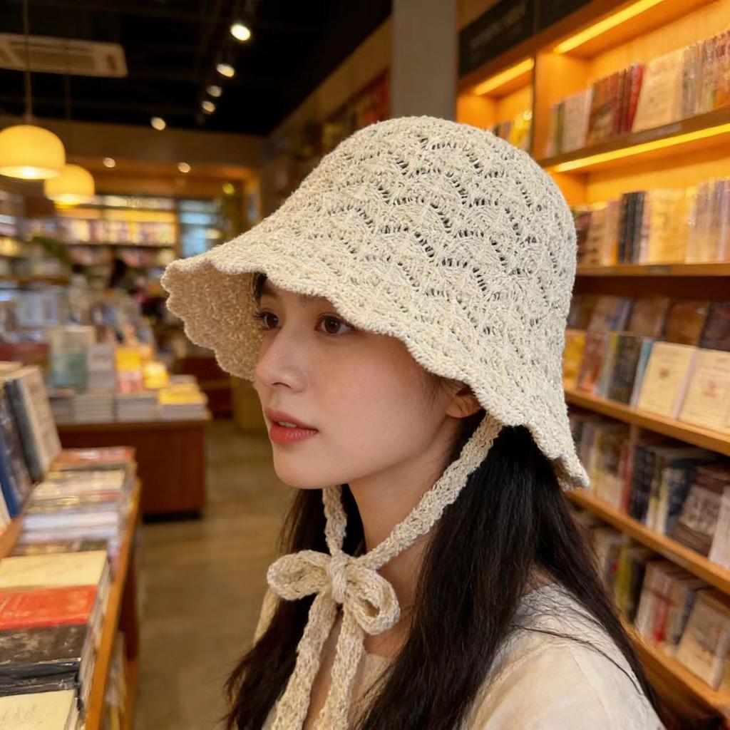 Early spring new hollow knitted bucket hat mesh thin sunshade sunscreen basin hat shows small face