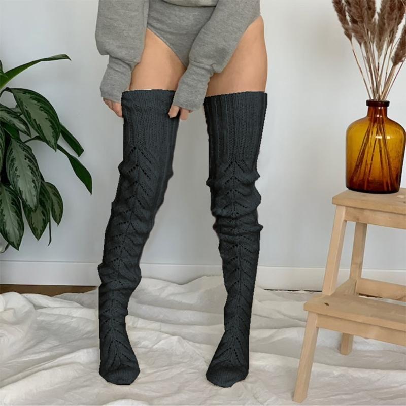 Hollowed Out Knitted Over Knee Long Socks for Women Winter Fall Thigh High Stockings Solid Color Thermal Long Leg Warmer