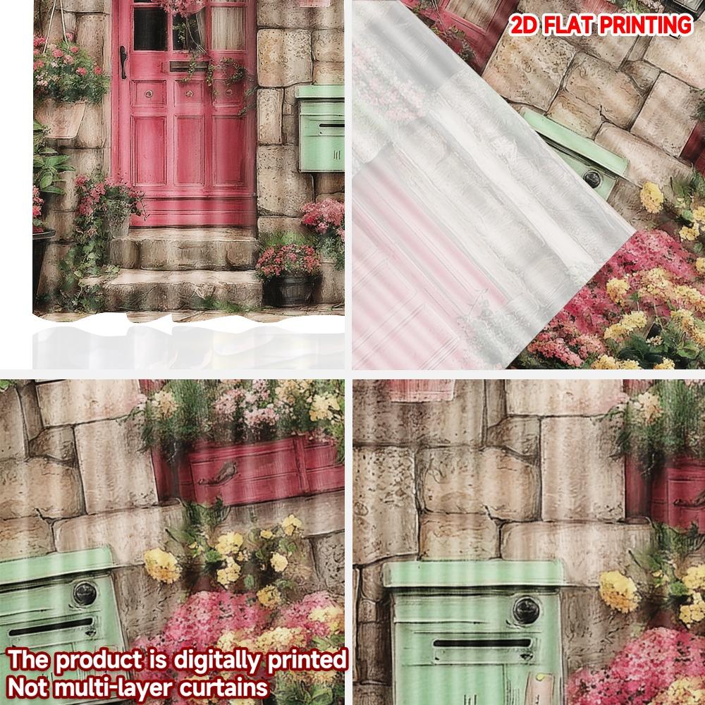 Set Of 2 Pink House Floral Curtains Digital Printing Stone Wall Colorful Flowerpots Blue Door Window Cozy Bedroom Decor Curtain Polyester Perfect For