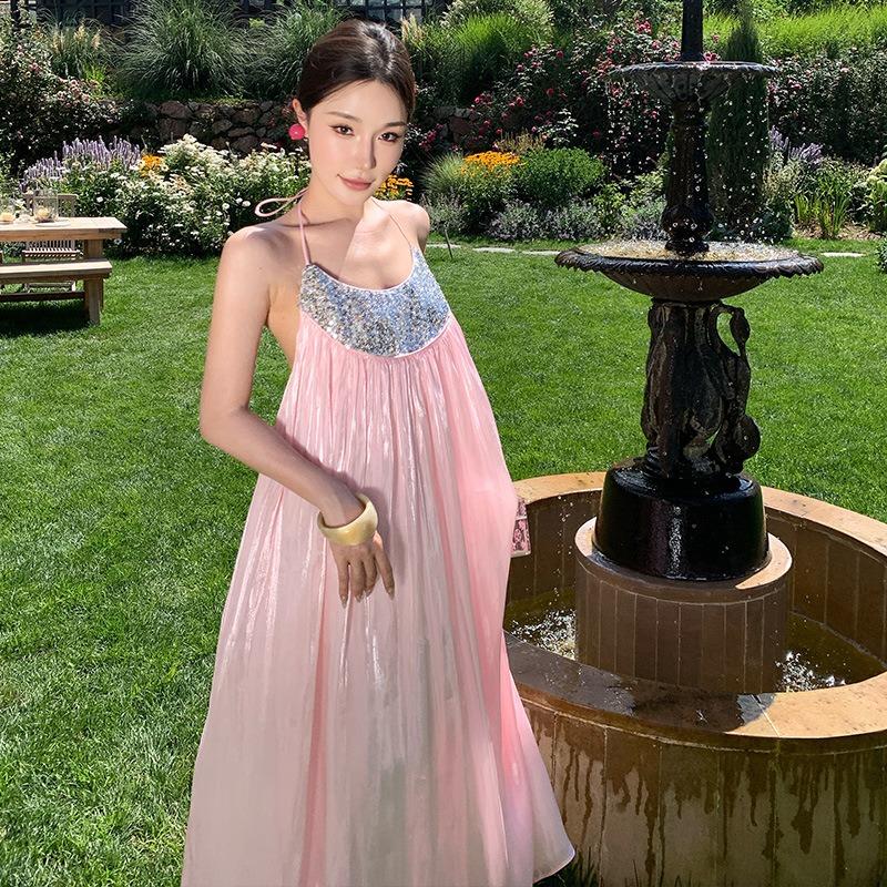 Birthday Party Vacation Pink Fairy Dress Beaded Sequins Beautiful Beach Dress Suspender Dress