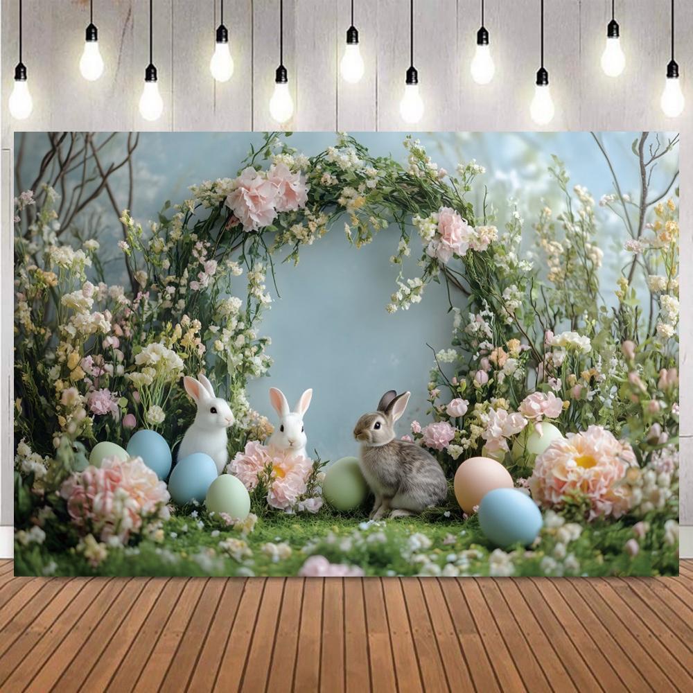 Spring Easter Floral Bunny Pink House Colorful Eggs Dessert Photography Background Kids Party Portrait Home Decor Photo Backdrop2