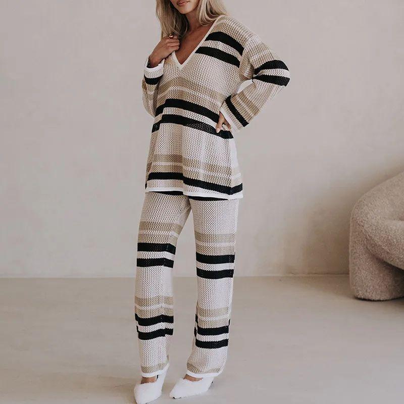 

2025 Cross-Border European and American Autumn and Winter New Women V-neck Striped Knitted Long sleeve Trousers Set Loose Two-piece Set Image color XXL