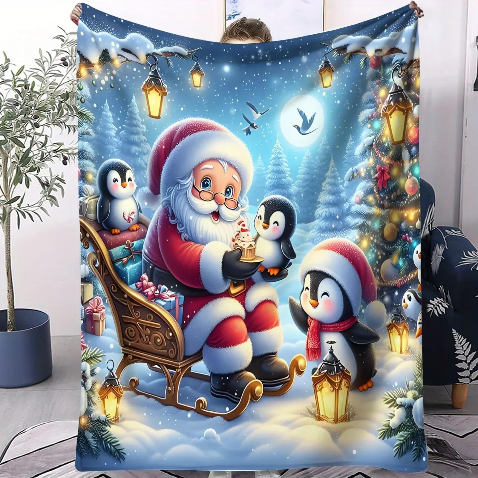 

Christmas Fantasy Flannel Blanket Santa Reindeer Penguin Bedroom Throw Sofa Decor Camping Blanket Kids Couples Family Friends 70x100cm білий