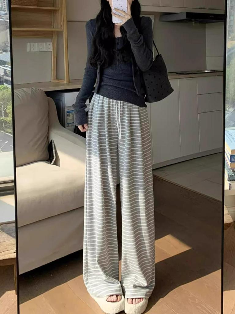 Women's High Waist Wide Leg Stripe Pants - Relaxed Drape Yamamoto Design for Spring/Autumn