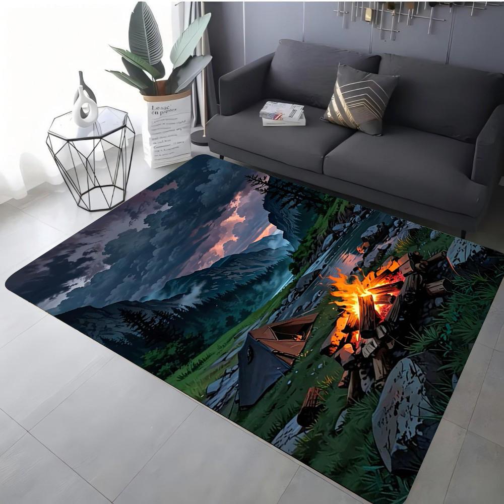 

Camping Theme Carpet Various Styles With Night Campfire Tent Moon Mountain Palm Tree Art Designs Rug For Living Room Decor 40x60cm