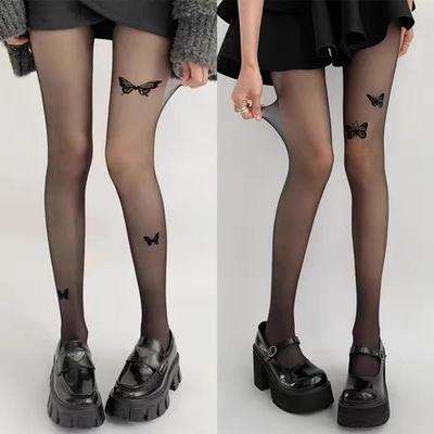 Sexy Schmetterlingsstrumpfhose Vintage Y2K Fake Tattoo Schmetterling Schwarz Transparent Seidenstrumpfhose Damen Lolita Sommer Ultradünner Strumpf