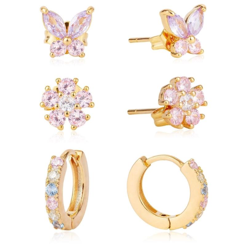 

Cubic Zirconia Zircon Flower and Butterfly Hoop Studs Earrings Handmade Ear Rings Accessory for Fashionable Ladies золотой