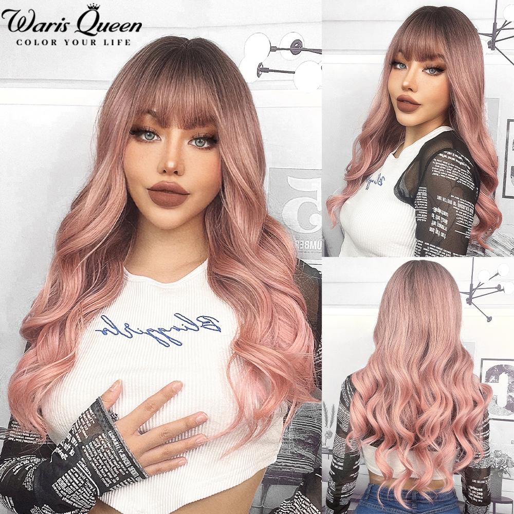 Long Wavy Black And Pink Synthetic Wig for Women With Bangs Natural Heat Resistant Part Cosplay Party Lolita Daily  Hair Wigs