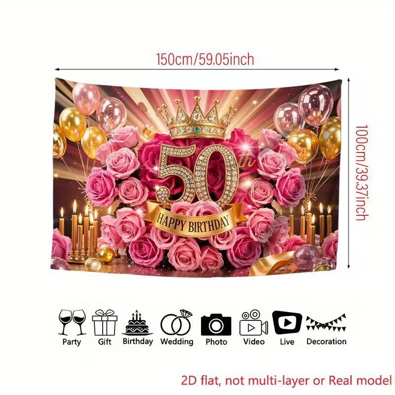 Sfondo fotografico 2D per il 50° compleanno, Striscione per festa a tema traguardo color oro rosa