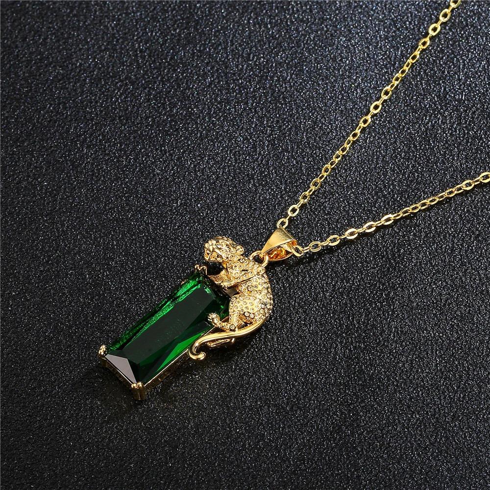 Golden Panther Pendant Necklace with Green Tourmaline Crystal Silver Jewelry for Women