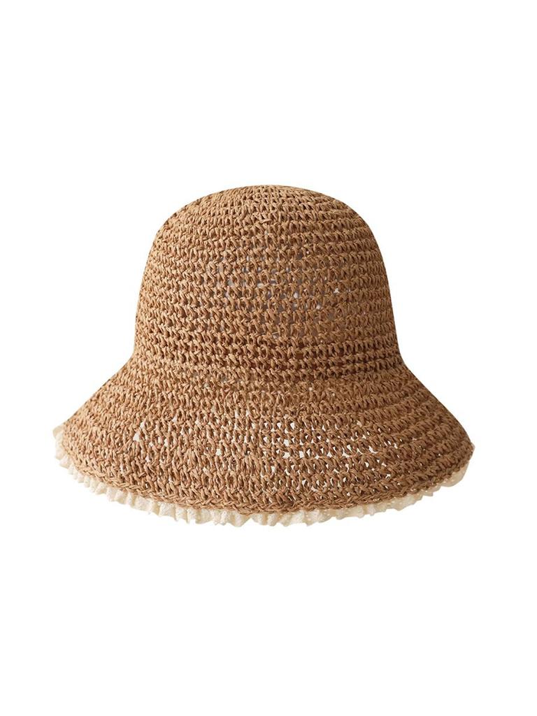 Summer Lace Brim Straw Hat Handmade Weave Hollow Foldable Sun Panama Casual UV Sunscreen Beach Cap Korea Fashion Foldable Bucket