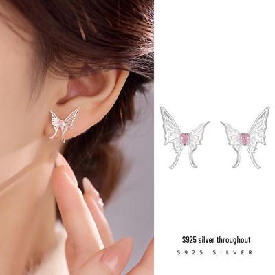 Banyan Tree S925 Silver Butterfly Diamond Love Earrings - Light Luxury, High-End Fairy Design for Women