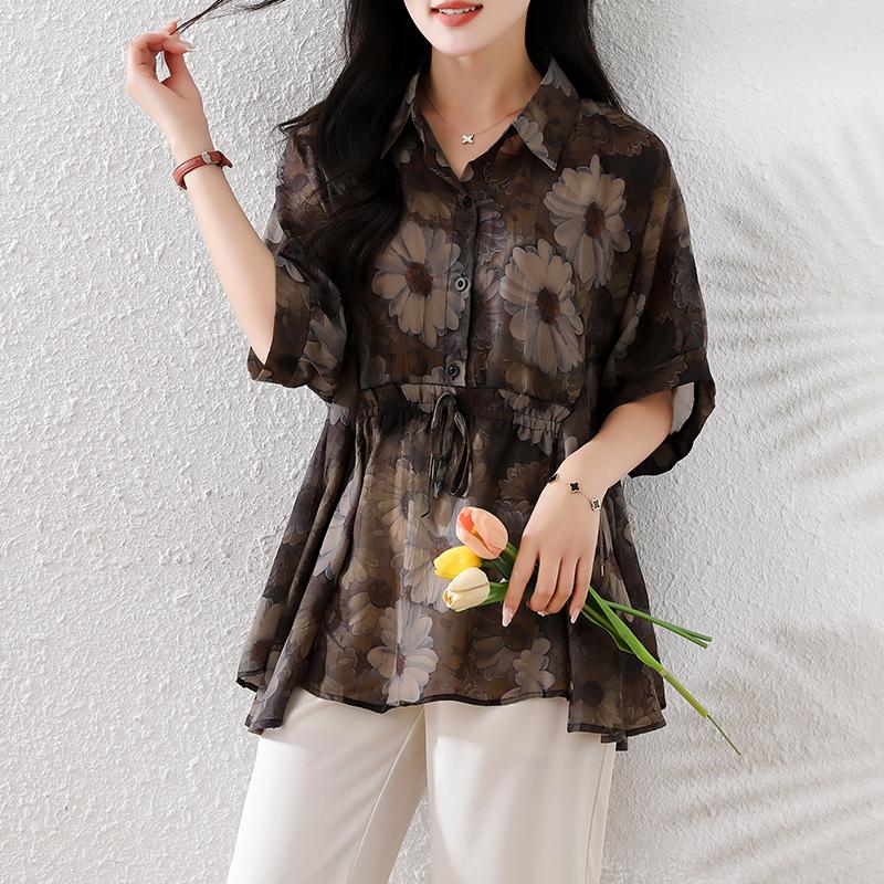 

DIMANAF 2025 Лето Женская Блузка Большого Размера Базовая Футболка Винтажная Оверсайз Модная Цветочная Повседневная Свободная Шифоновая Майка 4XL коричневый