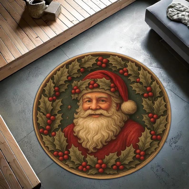 Vintage Style Coffee Drinking Santa Claus Circular Carpet Christmas Themed Carpet Bedroom Anti Slip Floor Mat Christmas Gift