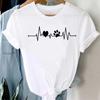 Maycaur Women T Shirt Fashion Dog Heartbeat Print T-shirt Funny 90s Print T Tee Womens Tshirt for Female Red Shirt Clothes Tops