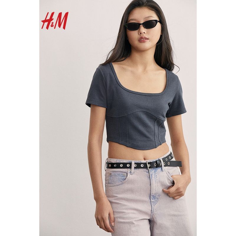 

HM Women s T-shirt Summer Heavy Weight Square Collar Short Sleeve Silm Corset Short Tops 1233309 Mixed dark gray 155/80A(XS)