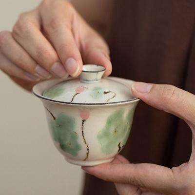 Pulver Yin Handgezeichnete Lotusblume Gaiwan Traditionelle Teeterrine Teeschale mit Deckel Set Teezubereitung Deckelschale Cafés Handwerk