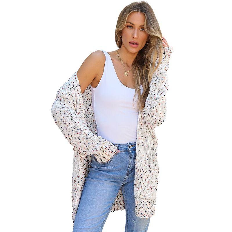 

European and American Fashion Color Spot Cardigan Sweater Women 2025 Winter New Warm Mid-Length Knit cardigan Women White Size L fit (62.50 kg-70.00 kg