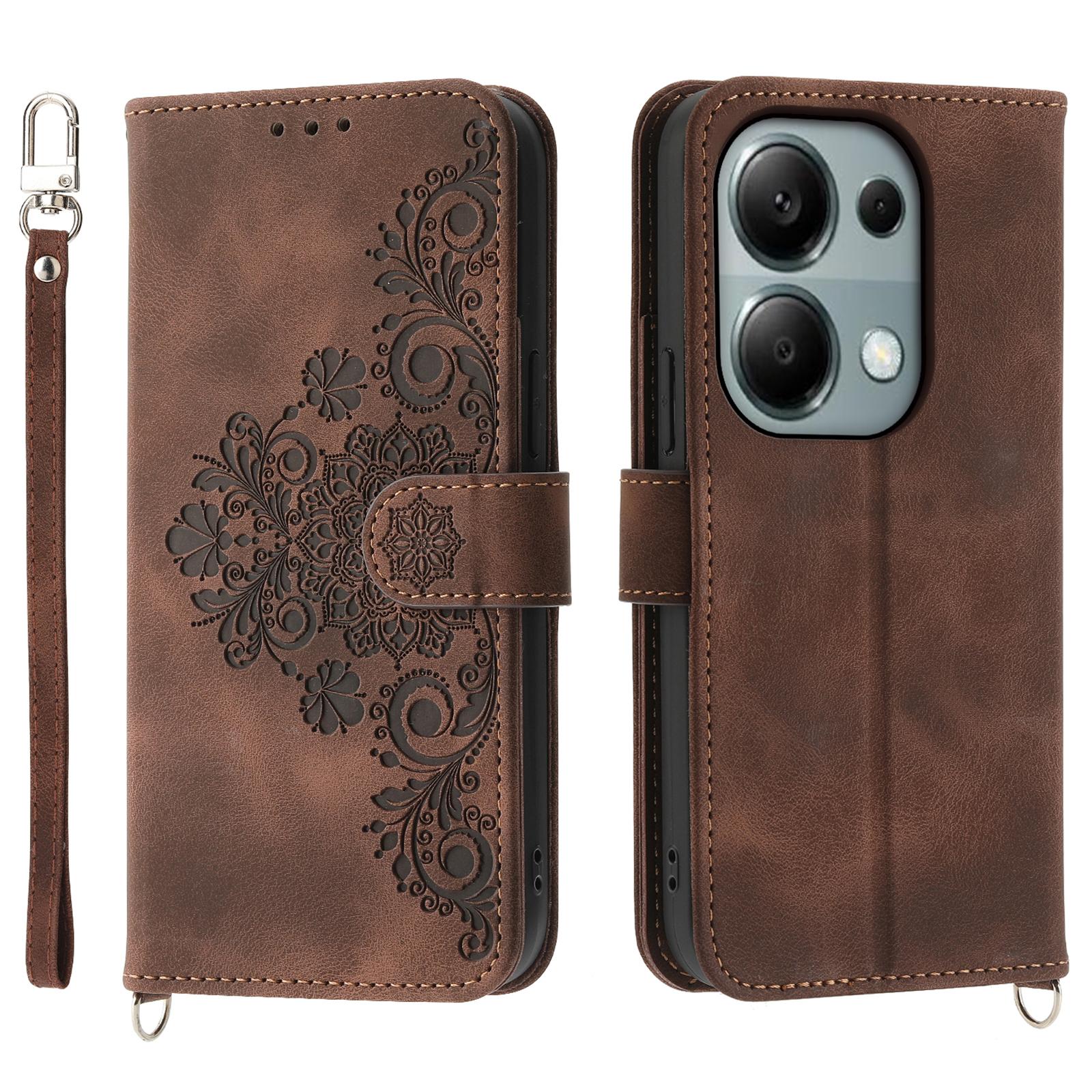 

For Xiaomi Redmi Note 13 Pro 4G/Poco M6 Pro 4G Case Flower Pattern Skin-touch Phone Cover with 2 Straps Brown