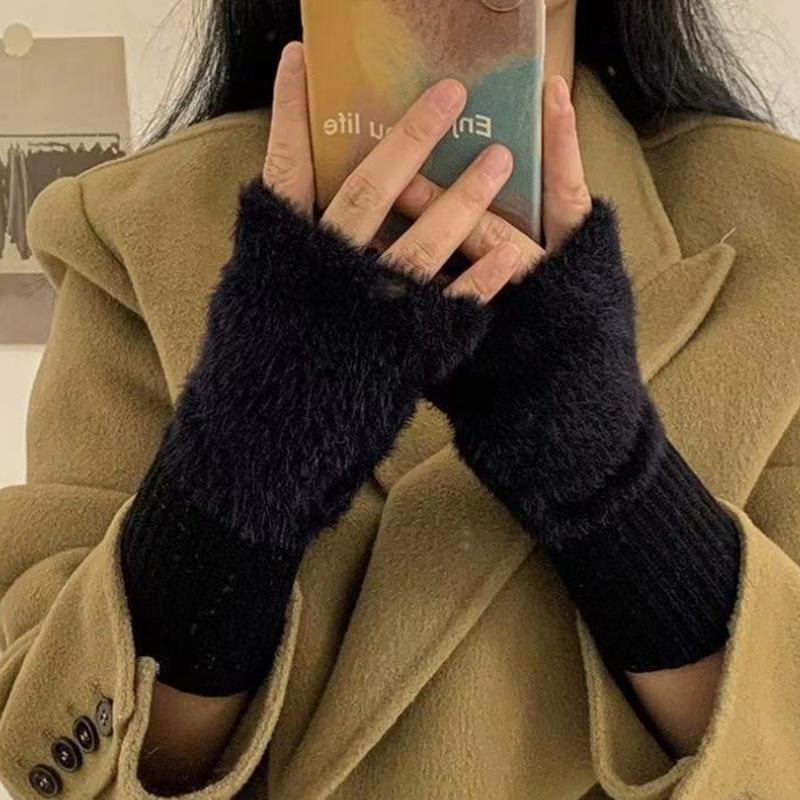 

Норковый флис Мягкие Женские Теплые Роскошные Однотонные Плюшевые Вязаные Митенки Зимние Митенки без Пальцев Нарукавники для Запястий Писать чёрный