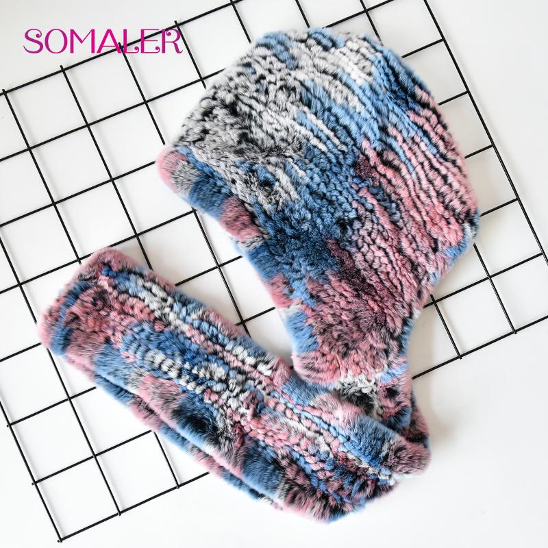 SOMALER Vinter kaninpelshue Skjerf for kvinner Russisk stil strikket pelsbeanies og skjerf