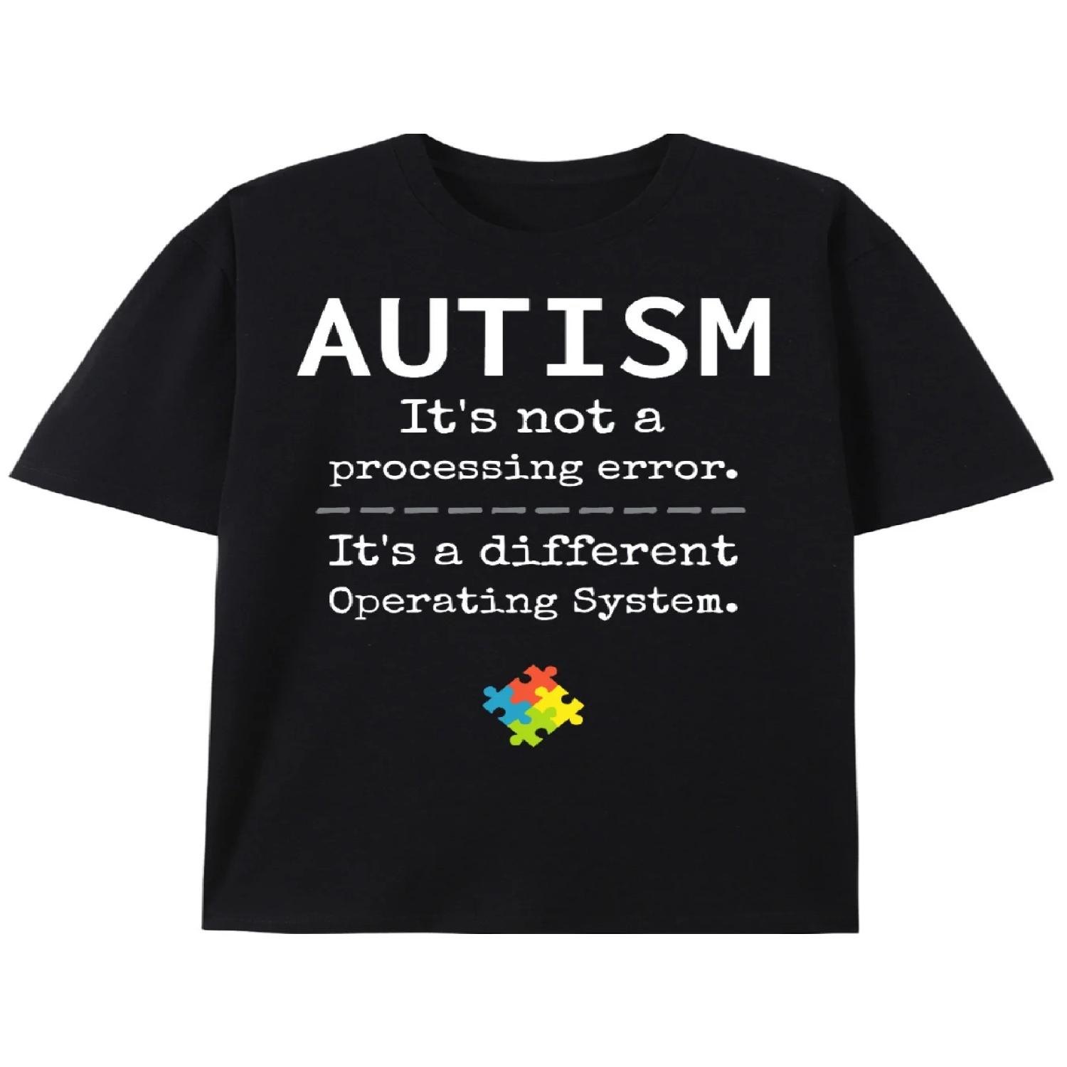 Sense of design-Men s Autism Awareness Cotton T-Shirt - _It s a Different Operating System_ Graphic, Black with White Text, XXXXL