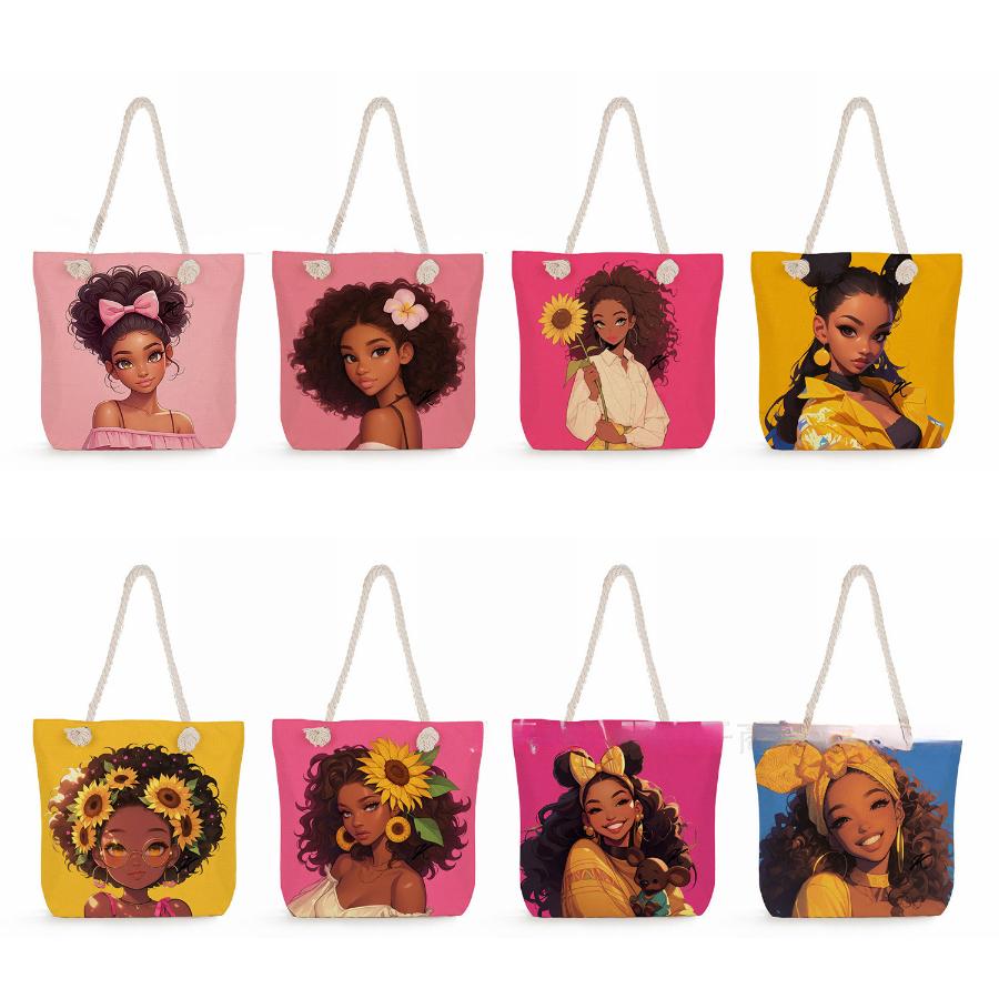 Multifunctional Fairy Tale Style Printed Thick Rope Shoulder Beach Bag Casual Large Capacity Handbag 0106 CLE