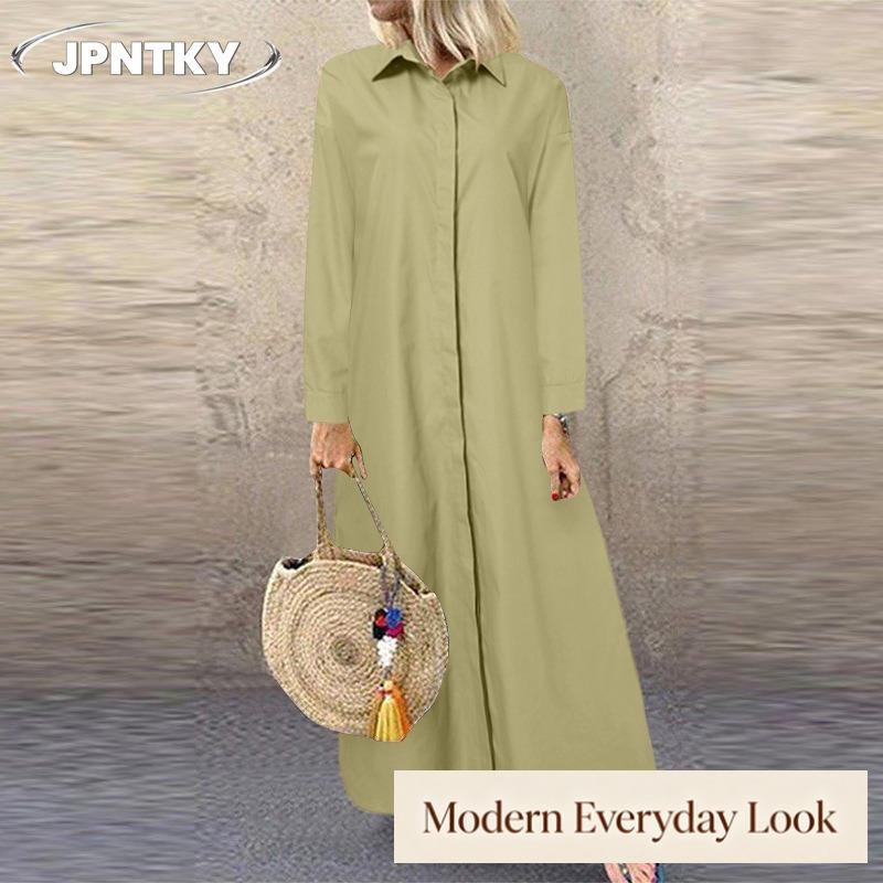 JPNTKY Fashion Summer Spring Solid Color Print Long Sleeve Casual Dresses
