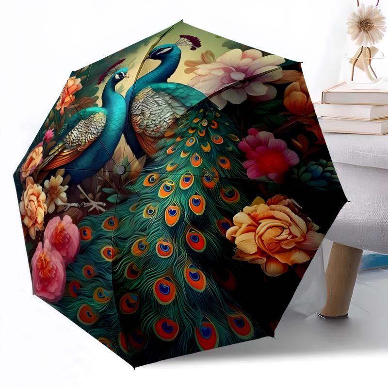 Peacock and Floral Fantasy Outdoor Automatic Umbrella Retractable Design with 8-Rib Durability Lightweight Perfect Gift for Friends Family