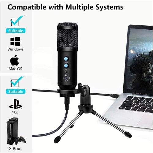 DEARING Condenser Microphone, Tabletop, Tripod, One-Click Mute, Noise Reduction, Volume Control, Earphone Monitor Function, Unidirectional, PC Microph