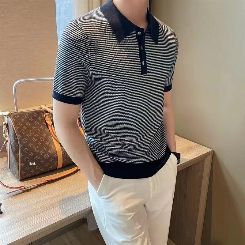 Men's European Style Ice Silk Striped Polo Shirt