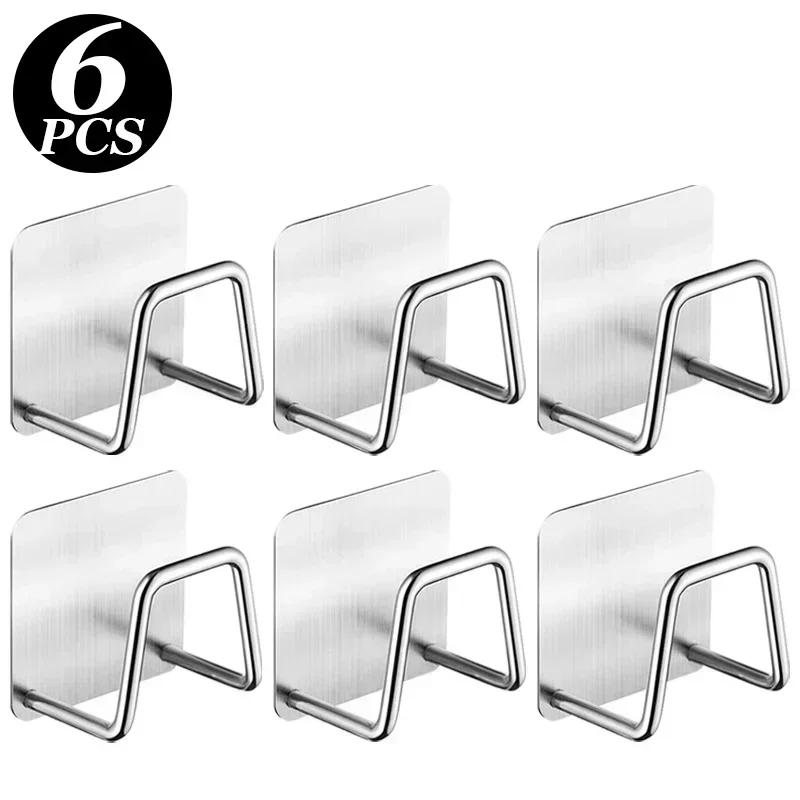 6pcs Stainless Steel Wall Adhesive Storage Organizer Fast Drying Rack Pot Lid Holder Sink Sponge Hooks Drain Kitchen Household Organizer