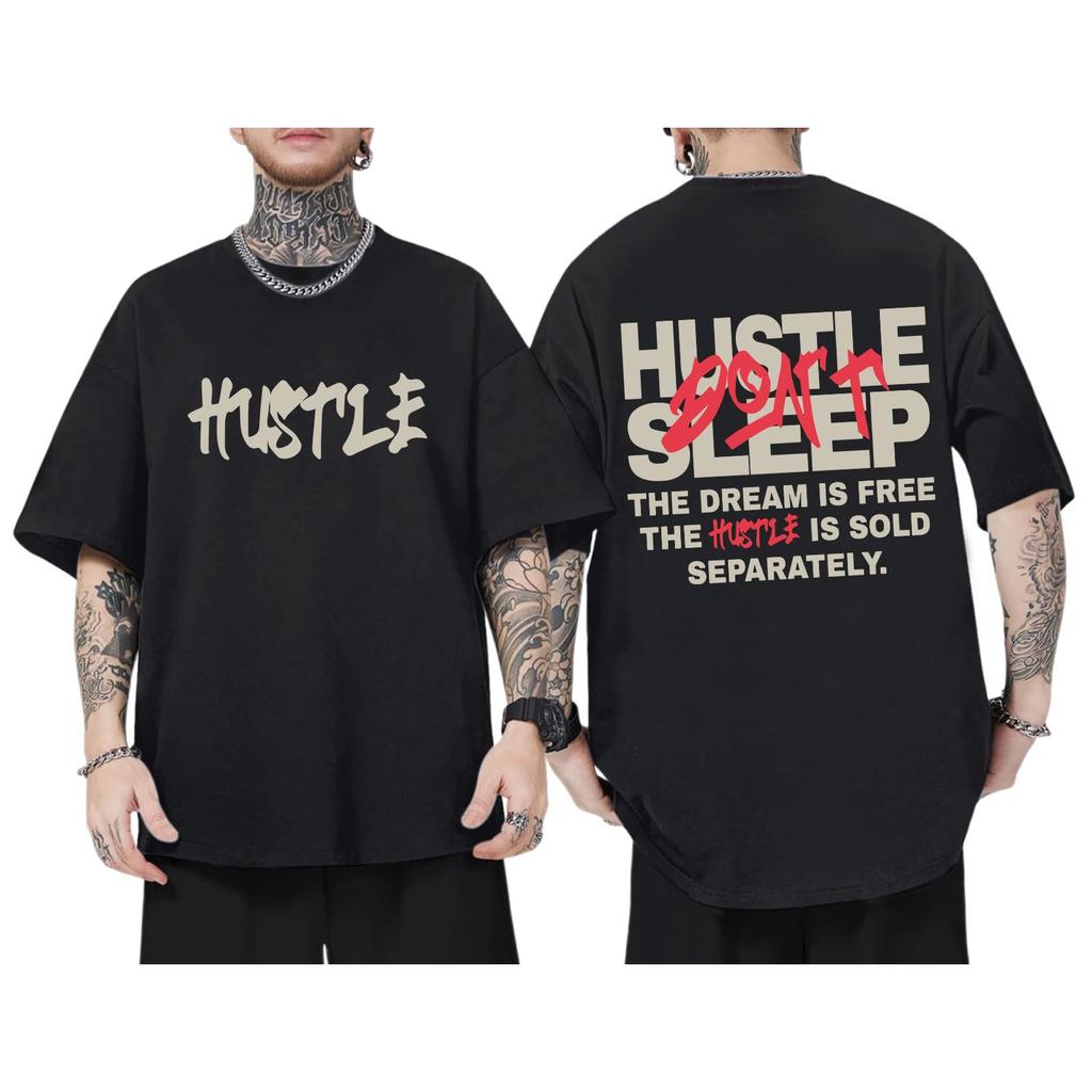 Men's "Hustle" Themed Motivational Quote Tee, Urban Streetwear Oversized Short Sleeve Top