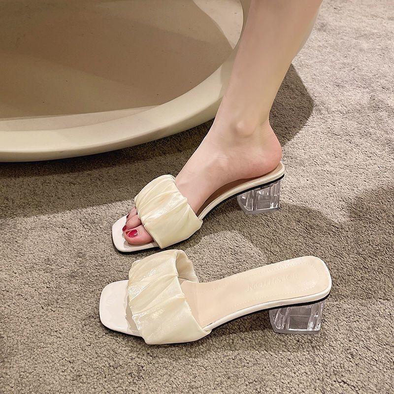 Women High Heeled Sandals Summer New Fashion Crystal Thick Heel Style Waterproof Summer Coat Square Toe Mid Heeled Sandals