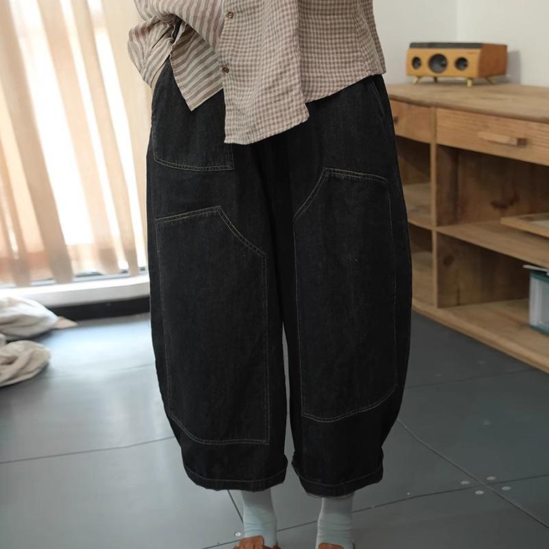 

Осень и зима новые персонализированные нишевые ретро литературные и художественные веера сращивание яркие линии повседневный карман свободные джинсы Harlan широкие one size fits all