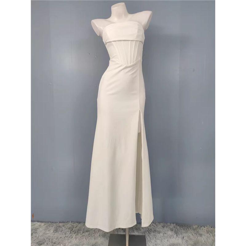 Foreign Trade Order Lu's Wrap-around Temperament Pleat Fishbone Body Shaping Waist Hugging Slimming Split Sheath White Party Dress
