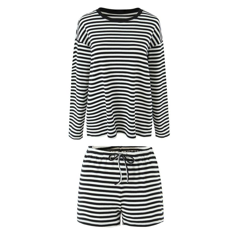 Classic Stripes American Sexy Japanese Magazine Wind Sloth Loose Contrast Color round Neck Long Sleeves T-shirt Slimming Shorts Two-piece Set