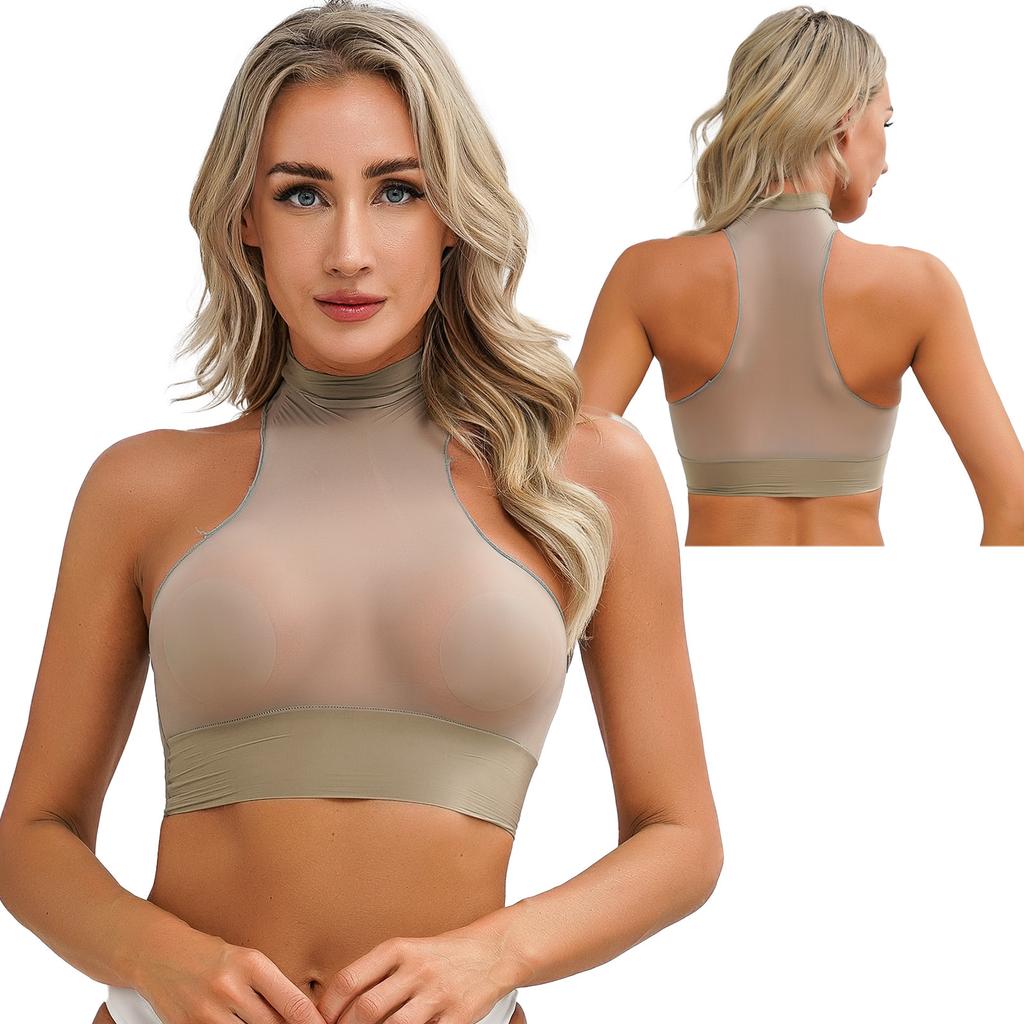 Womens Mock Neck Sleeveless Sheer Crop Top Glossy See Through Vest