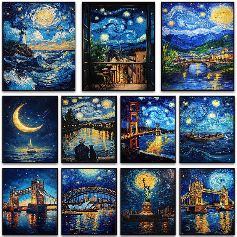 Abstract Van Gogh Landscape Poster Prints Sydney Opera House Starry Night Canvas Painting Wall Art for Living Room Home Decor