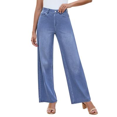 Damen Wide Leg Jeans Lässig Highwaist Gerade Denimhose mit Taschen