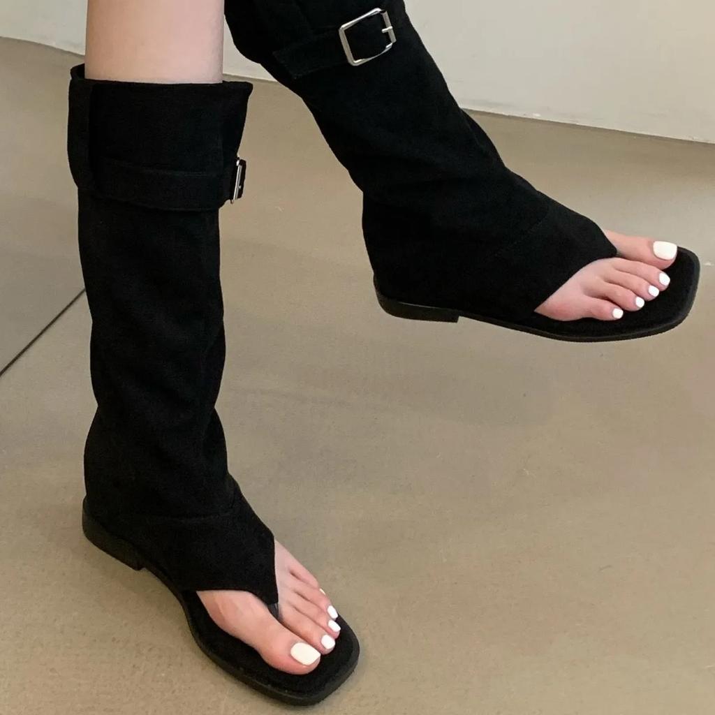 Women Sexy Black Suede Ruffled Boots Women  Summer Clip Toe Flat Gladiator Sandals Woman Western Cowboy Boots Sandals Mujer